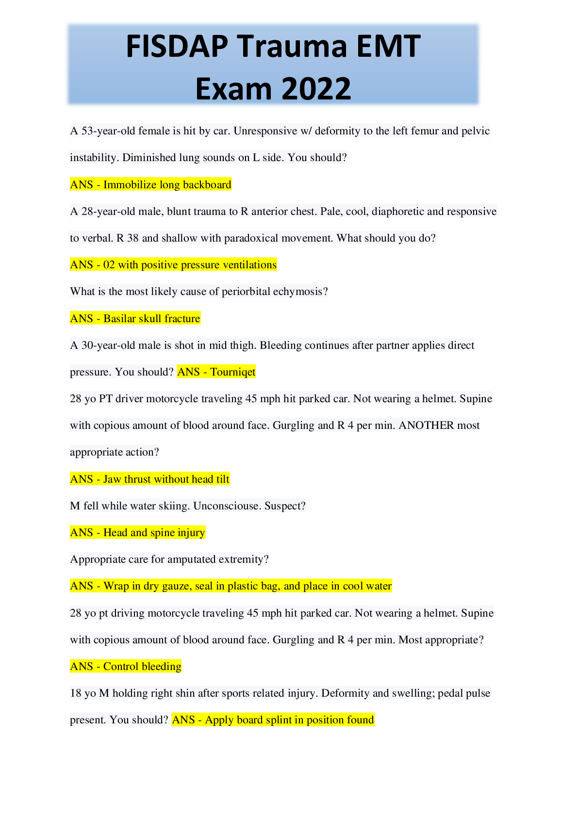 Preview image for FISDAP Trauma EMT Exam 2022